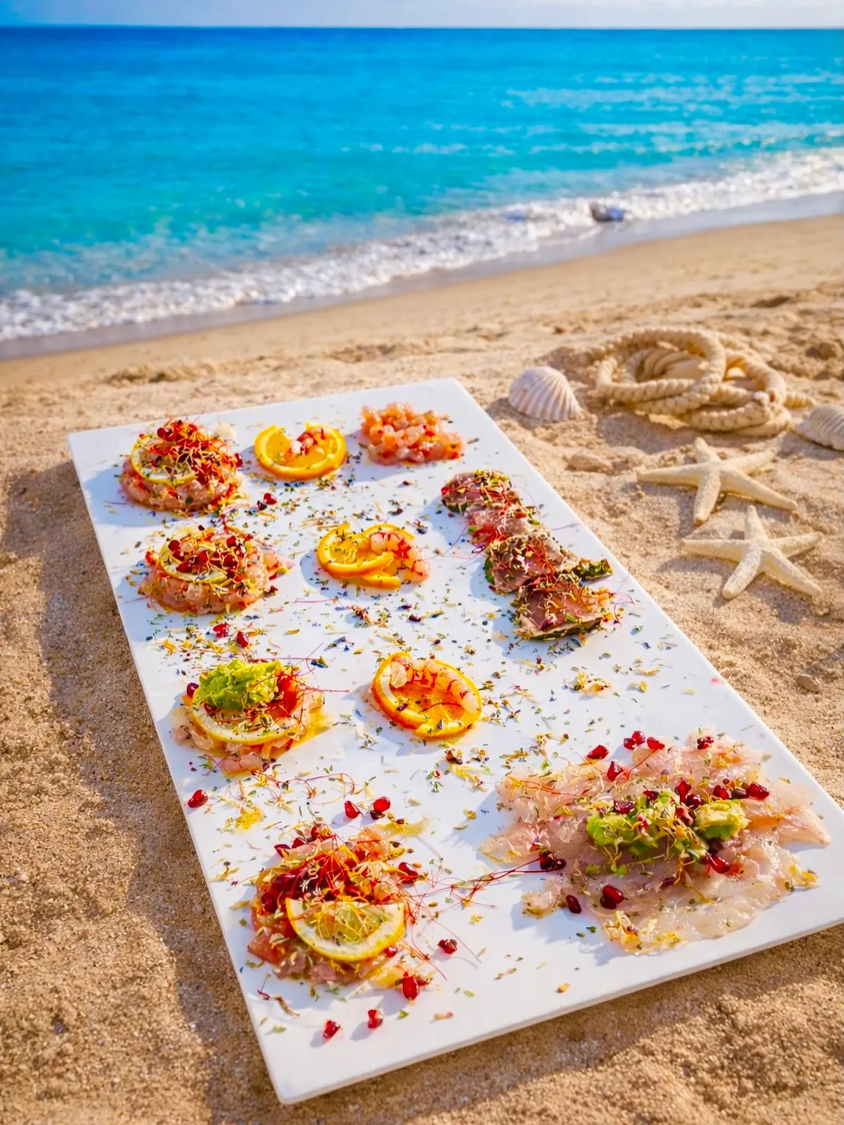 Piatto di crudo di mare servito sulla sabbia, a due passi dalla riva